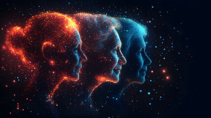 Fototapete - Three interconnected glowing face profiles depict digital consciousness. Warm reds and cool blues highlight the network. Abstract wireframe in dark blue adds a cosmic feel.