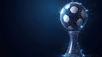 Fototapete - Futuristic soccer meets strategy! A glowing, low-poly soccer ball balances atop a chess pawn, both rendered as wireframes against a gradient background. Abstract wireframe in dark blue