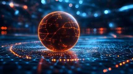 Leinwandbilder - Glowing orange sphere hovers above a blue grid, reflecting its light. Bokeh lights create depth, hinting at interconnected networks and digital energy. Abstract wireframe in dark blue.