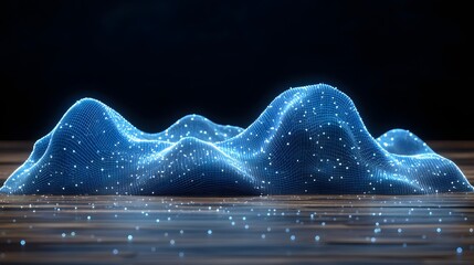Fototapete - Digital landscape abstract with a blue glowing grid and white nodes. Reflections on dark wood enhance the modern tech feel. Abstract wireframe in dark blue
