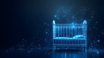 Fototapete - A futuristic baby crib glows with blue lines, nestled in a network of light. Safety and technology blend, creating a serene space for dreams. Abstract wireframe in dark blue.