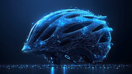 Aufkleber - Futuristic bicycle helmet design featuring a glowing blue wireframe pattern against a dark backdrop. Reflective surface with scattered blue dots adds a digital touch. Abstract wireframe in dark blue.