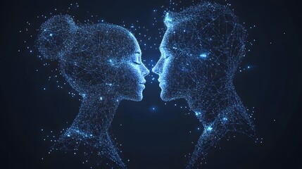 Fototapete - Futuristic digital art portrays a man and woman's faces, constructed from glowing blue points and lines. Their close proximity suggests intimate connection. Abstract wireframe in dark blue.