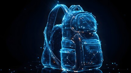 Aufkleber - Futuristic backpack outlined in luminous blue wireframe against a dark blue gradient. Glowing orange and blue lights highlight its compartments and network connections. Abstract wireframe in dark blue