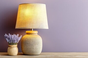 Poster - Light gently illuminates a cozy home decor setup featuring a lamp and lavender flowers