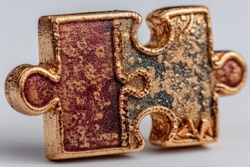 Poster - Unique metallic puzzle piece sits on a neutral surface showcasing intricate designs and a weathered appearance