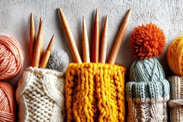 Aufkleber - Knitting tools and colorful yarns arranged beautifully on a textured surface
