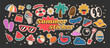 © BonkiStudio - Cartoon groovy summer stickers 70s. Retro doodle character set graphic, beach toys, and vacation vibes. Isolated on black background.