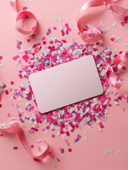 Poster - Colorful Pink Confetti Surrounding a Blank Gift Card Mockup on a Pink Backdrop