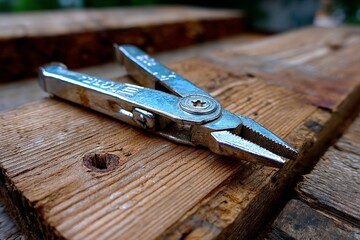 Poster - Pliers resting on wooden surface with natural background, showcasing craftsmanship and tools in outdoor setting