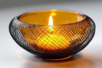 Poster - Unique amber candle holder glowing with soft light and a decorative black mesh design on a light surface
