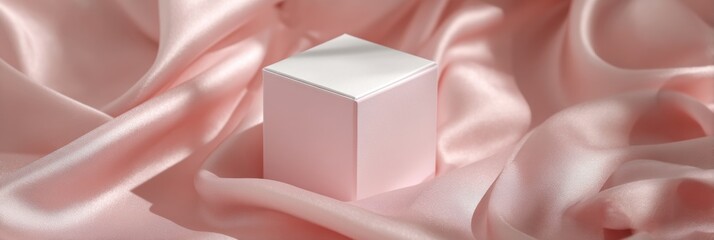 Poster - Soft Pink Silk Drapes Gracefully Around a Delicate White Box, Creating a Serene and Elegant Atmosphere