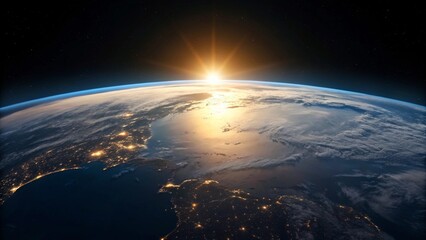 Wall Mural - the majestic curvature of earth as seen from orbit, with the sun's radiant burst illuminating the at