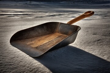 Poster - Close-up of a metal scoop resting on a snowy surface during winter sunlight in a serene landscape