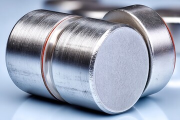 Leinwandbilder - Detailed close-up of metallic cylindrical objects on a reflective surface showcasing their smooth texture and rounded edges