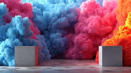 Leinwandbilder - blue and pink smoke clouds with podiums for product showcase 3d rendering illustration,photo stocks