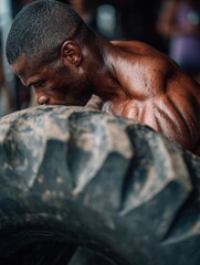 Aufkleber - Strong Athlete Engaged in Intense Crossfit Tire Flip Workout Showcasing Muscular Back and Determination in a Gym Environment