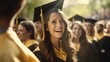 © Bunlong - A young woman in a graduation cap and gown, surrounded by a crowd of other graduates, celebrating their graduation day.