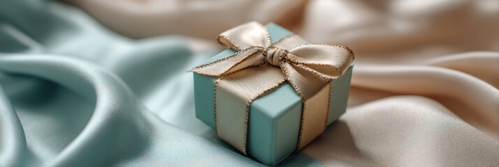 Aufkleber - Delicate Small Present Wrapped in Ribbon Resting on Soft Satin Cloth Basking in Gentle Pastel Light