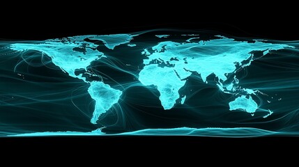World map with cyan trails, stylized continents over dark background, graphic design