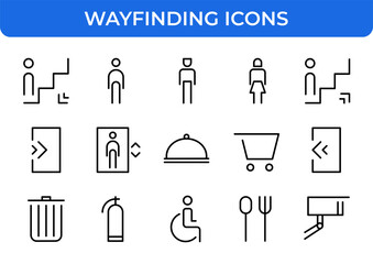 Wayfinding Navigation Public Direction Line Icons Set Building Service Travel Outline Vector Editable Stroke Easy to Edit Flat Icons Symbol