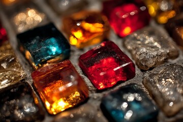 Poster - Colorful assortment of translucent gems on textured surface in close-up view