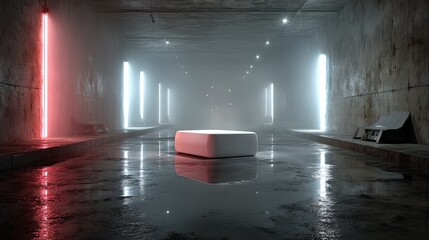 Fototapete - futuristic cyber room with podium for product showcase neon lights and lasers,stock photo