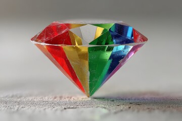 Poster - Colorful diamond shape rests on a surface reflecting hues of the rainbow in natural light
