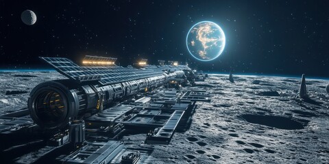 Wall Mural - Celestial landscape with moon and rocky terrain