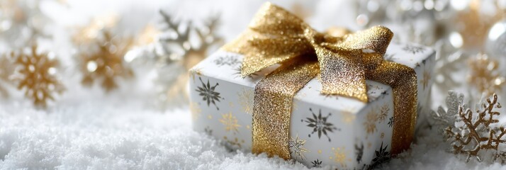 Aufkleber - New Year Gift Box Adorned With Snowflakes and Golden Ribbon in a Winter Wonderland Setting