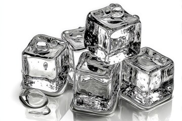 Poster - Ice cubes stacked on a reflective surface with water droplets in a bright setting