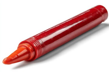Poster - Bright red crayon resting on a clean white surface in natural light showcasing its vibrant color and classic design