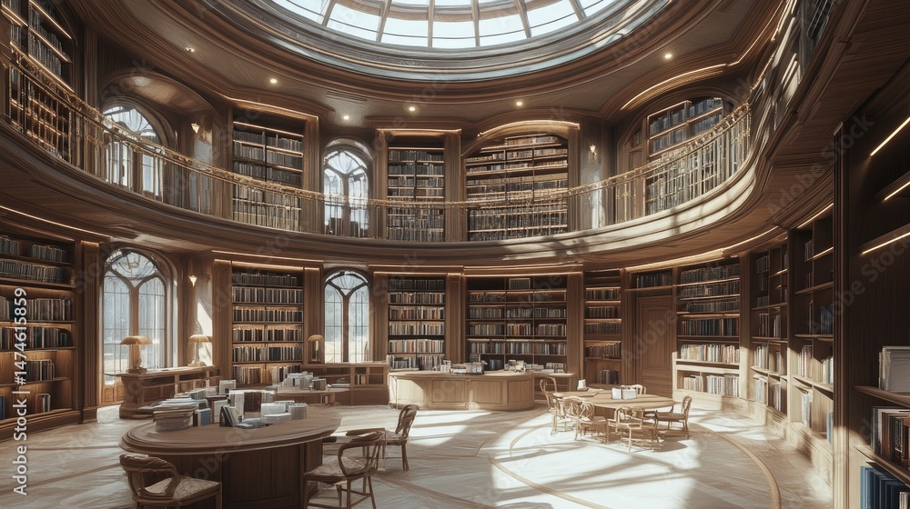 Library with grand interior design, circular balcony, towering book ...