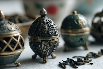 Poster - Decorative tea canisters arranged on a surface highlighting intricate designs and vibrant colors