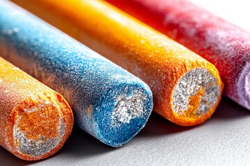 Poster - Colorful chalk pieces arranged neatly on a gray surface showcasing vibrant hues and textures