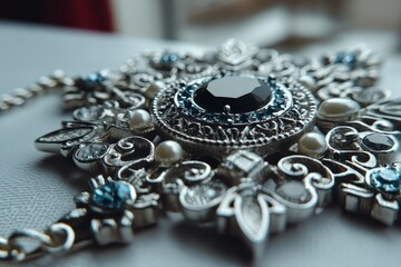 Aufkleber - Intricate silver jewelry piece with blue and clear gemstones displayed elegantly indoors
