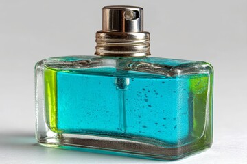 Poster - Vibrant blue and green liquid in elegant perfume bottle on plain background at a studio setting