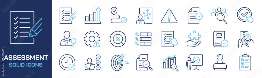 Set of collection line icons related assessment, compliance, analysis ...