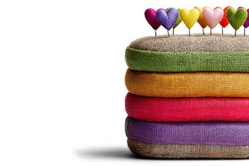 Aufkleber - Colorful stacked cushions with decorative heart pins showcased in a bright setting