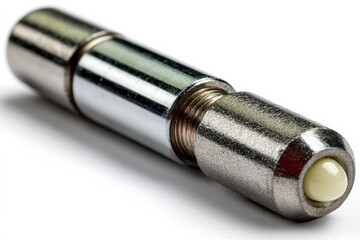 Poster - Unique metallic object with a white end piece found in a workshop setting during the day