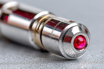 Poster - Close-up view of a shiny metallic device with a red light on a textured surface