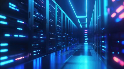 Aufkleber - Modern data center hallway with glowing blue and purple lights reflecting on polished floors and surrounding futuristic server racks, suitable for AI and data themes