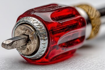 Poster - Close-up view of a red plastic handled screwdriver resting on a white surface, highlighting its detailed textures and features