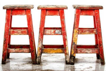 Fototapete - Rustic red bar stools arranged in a line on a weathered surface in a well-lit space during daytime