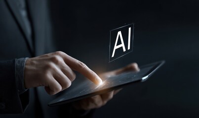 Person touches tablet displaying ai text dark background concept of artificial intelligence.