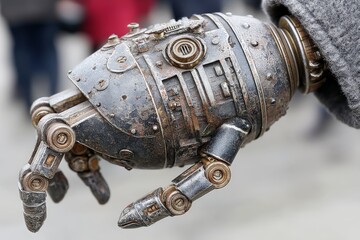 Aufkleber - Intricate steampunk robot arm displayed at an outdoor festival focusing on innovation and technology in the city