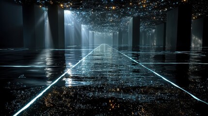 Aufkleber - sea of data submerged in the metaverse abstract floor technology background with blue led light.stock image