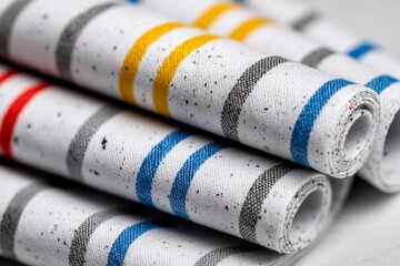 Aufkleber - Vibrant striped fabric rolls stacked neatly on a white surface in a well-lit workspace, showcasing their bright patterns and textures