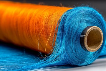 Aufkleber - Vibrant spool of orange and blue thread showcasing detailed texture and colors typical of textile crafts