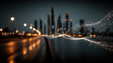 Leinwandbilder - smart city and big data connection technology concept with digital blue wavy wires with antennas on night megapolis city skyline background double exposure.stock image